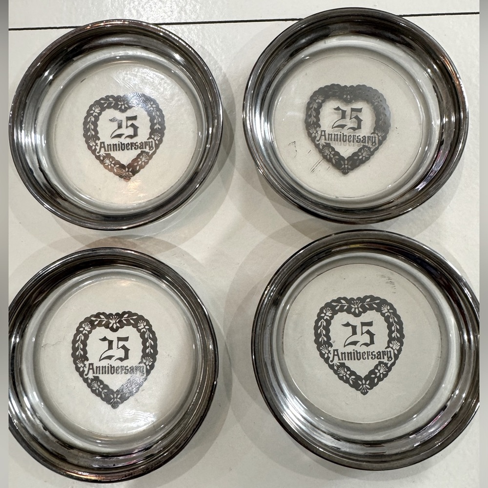 Vintage Kimiko Silver 25th Anniversary Bar Ware Set 4‎ Coasters